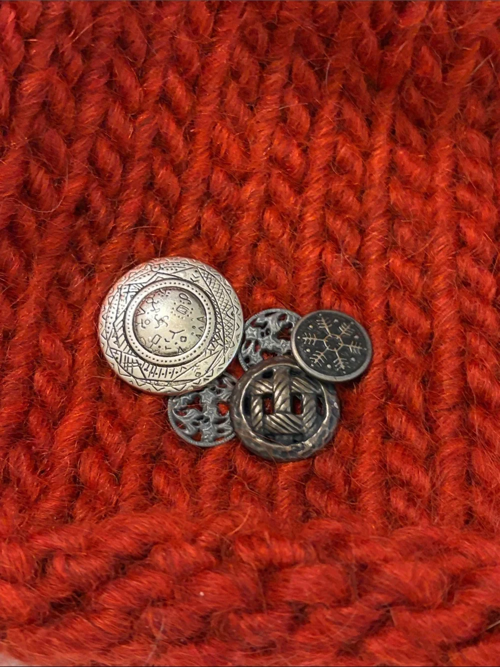Handmade red beanie with metal buttons